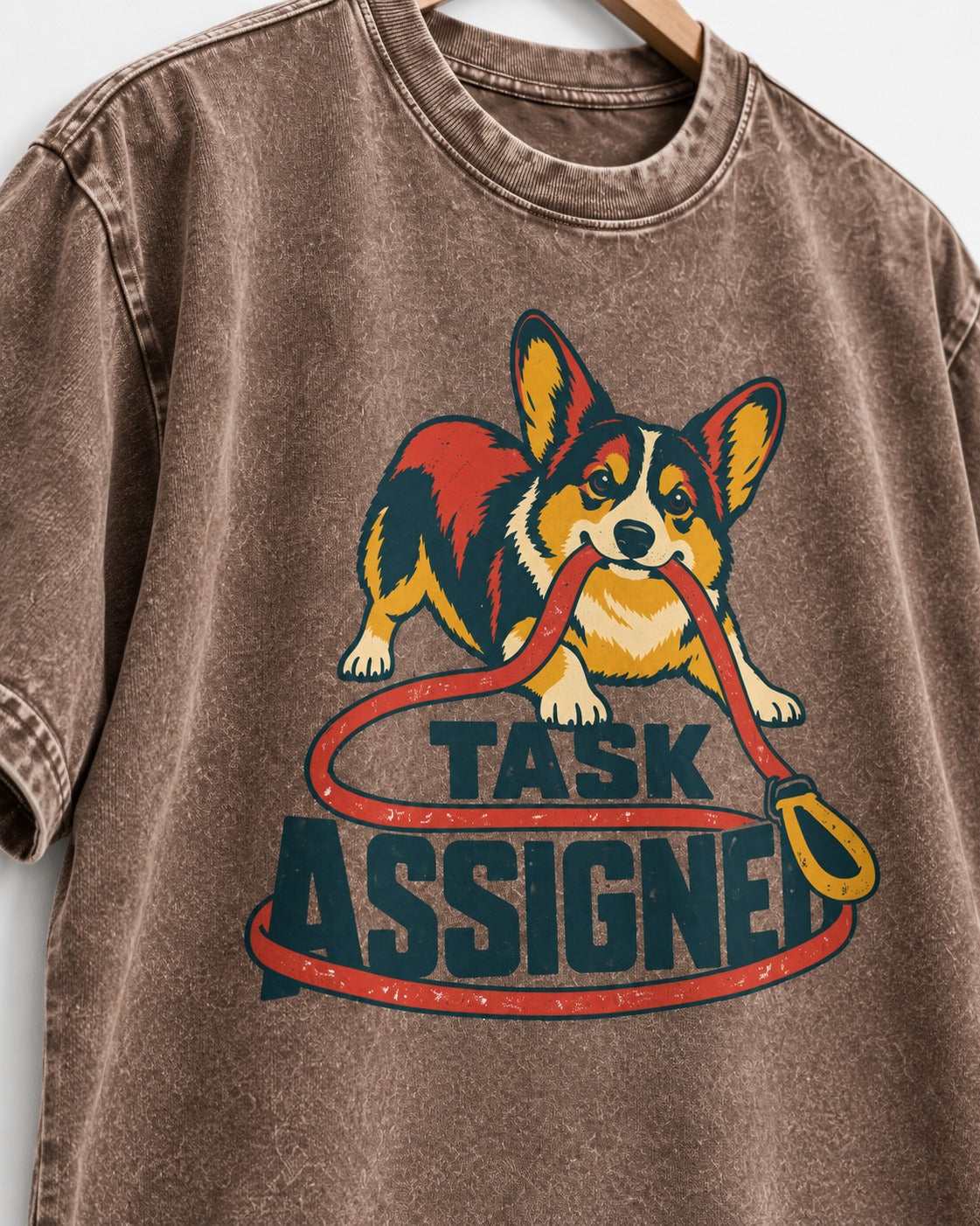 Corgi Task Assigned Washed Tee in Coffee, close-up of the graphic