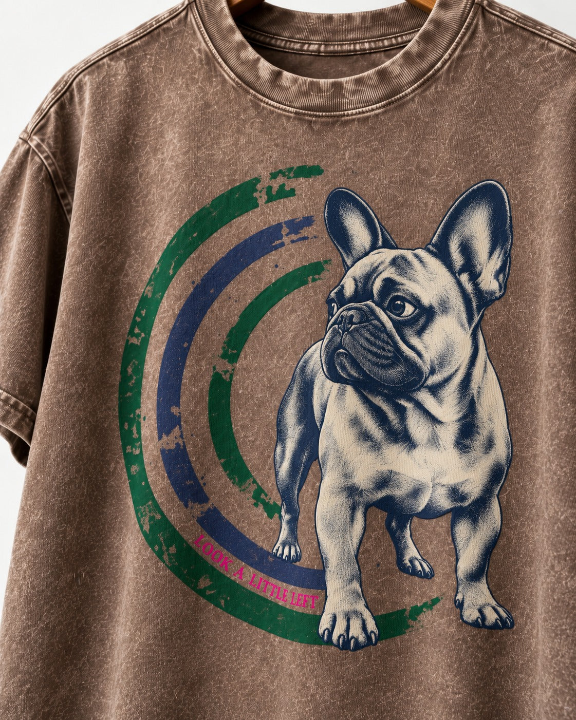 Frenchie Look a Little Left Orbit Graphic Washed Tee in Coffee, close-up of the graphic