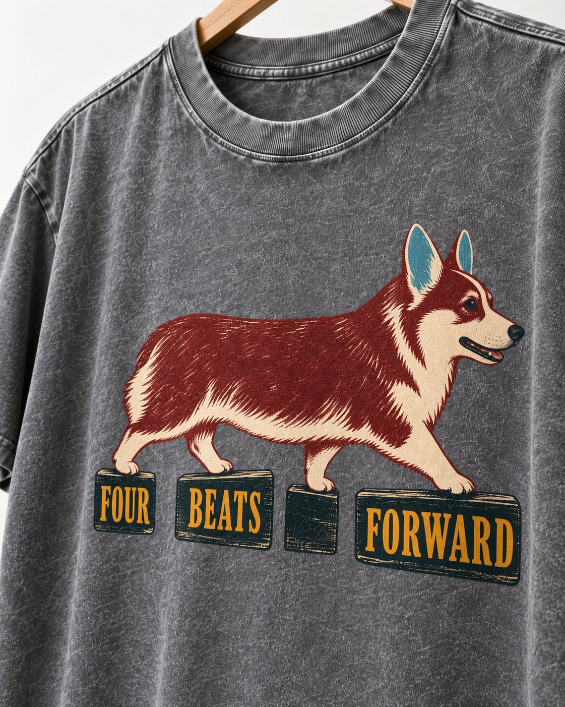 Corgi Four Beats Forward Washed Tee in Gray, close-up of the graphic