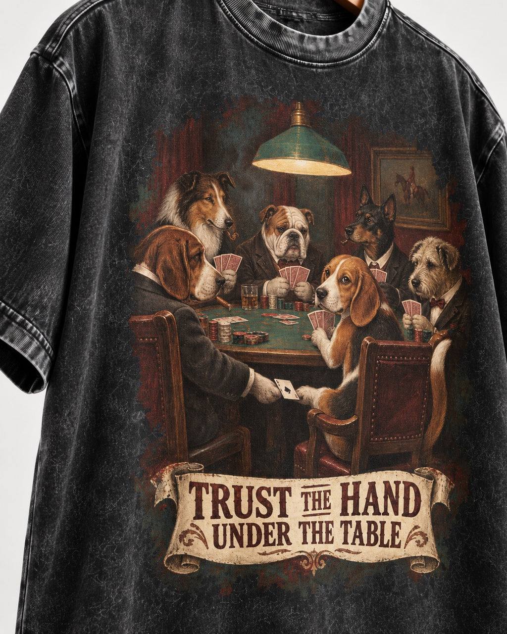 Trust The Hand Under The Table Beagle Poker Night Washed Tee in Black, close-up of the graphic