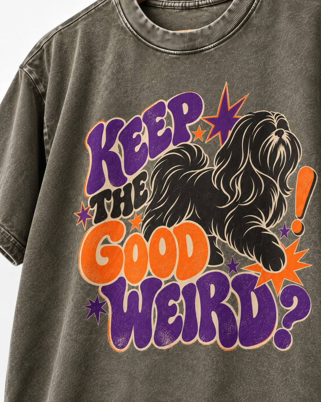 Shih Tzu Keep the Good Weird Retro Typography Graphic Washed Tee in Army Green, close-up of the graphic