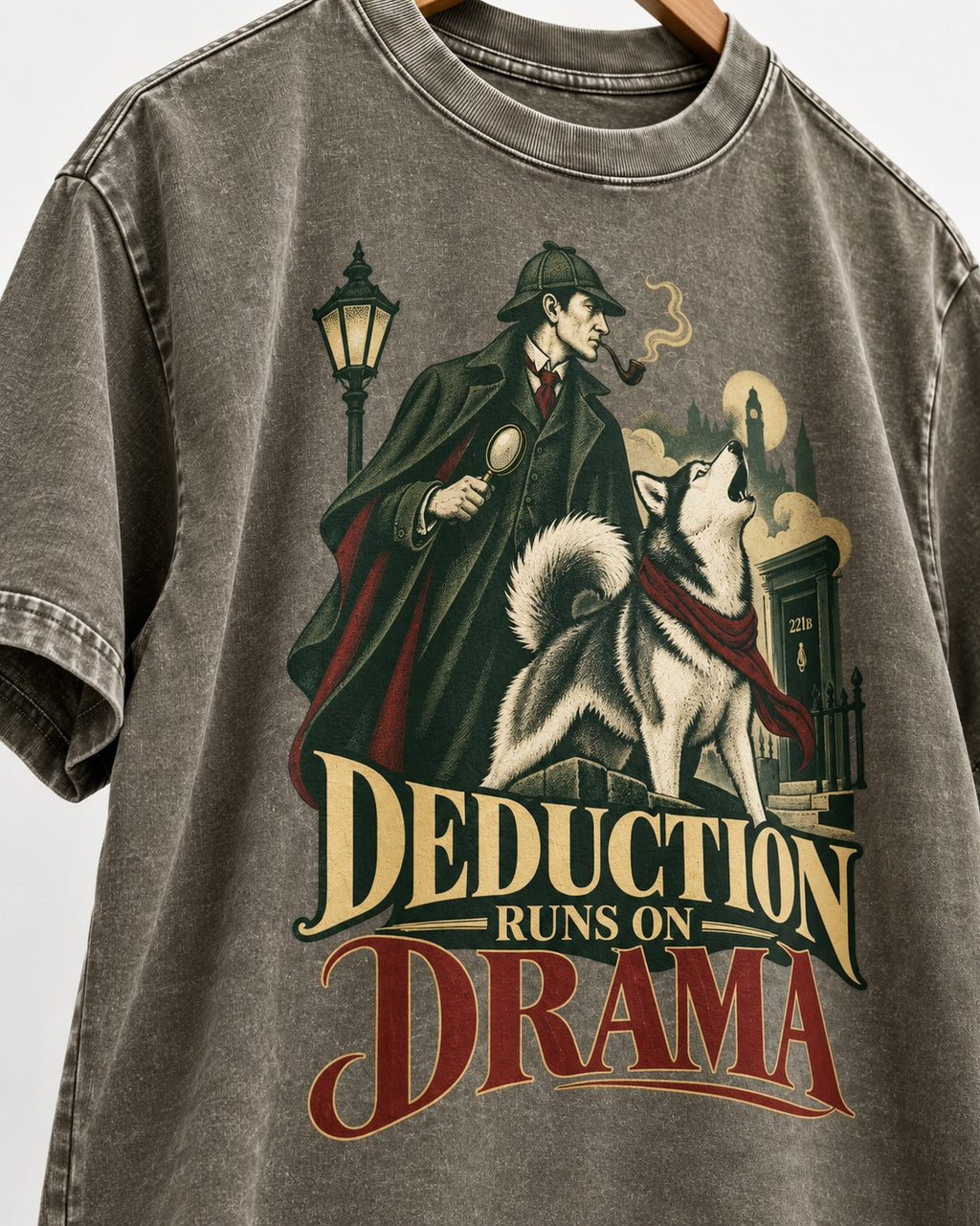 Husky Deduction Runs on Drama Detective Graphic Washed Tee in Army Green, close-up of the graphic