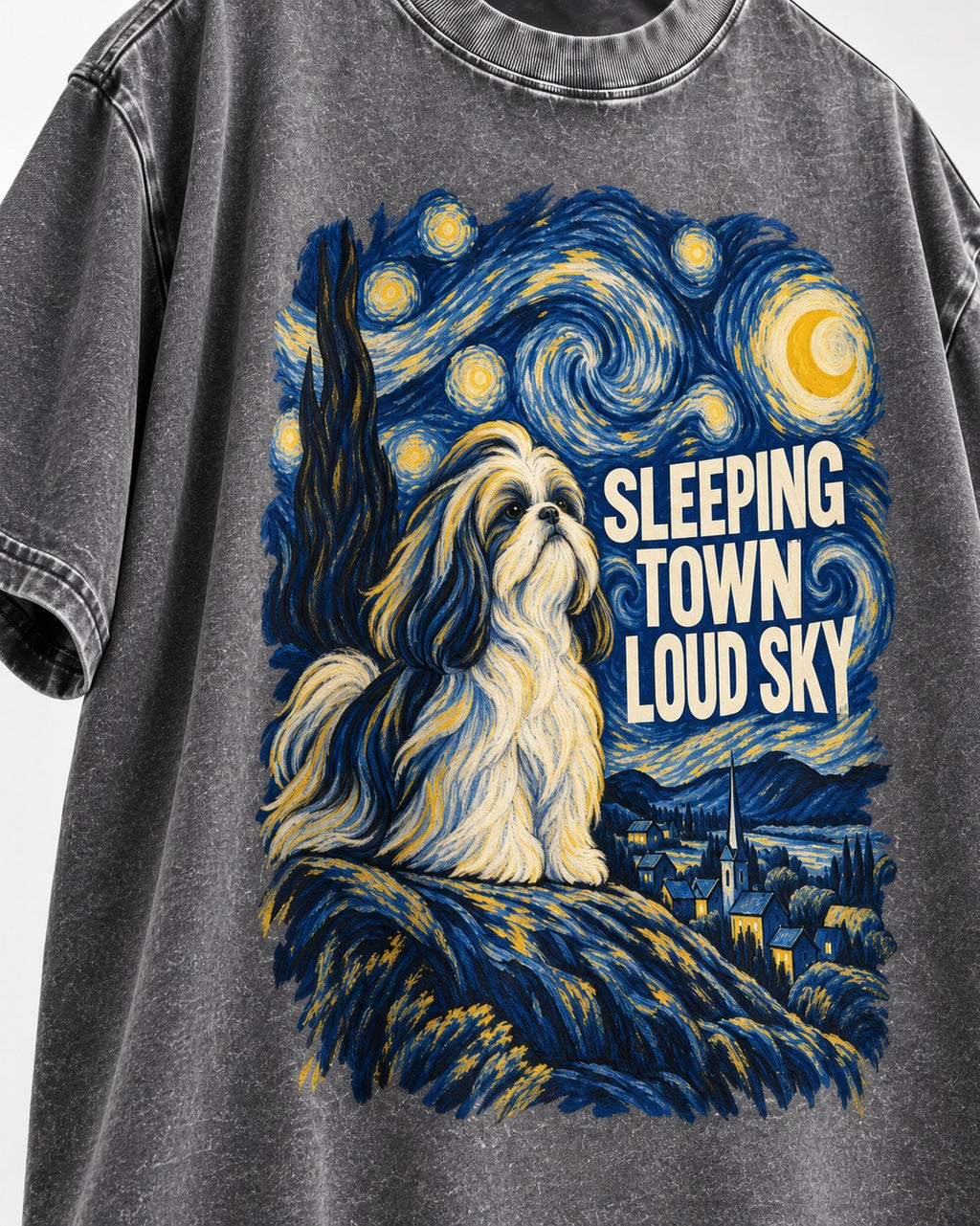 Shih Tzu Sleeping Town Loud Sky Swirling Night Graphic Washed Tee in Gray, close-up of the graphic