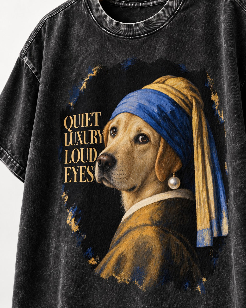 Labrador Retriever Quiet Luxury Loud Eyes Pearl Earring Graphic Washed Tee in Black, close-up of the graphic