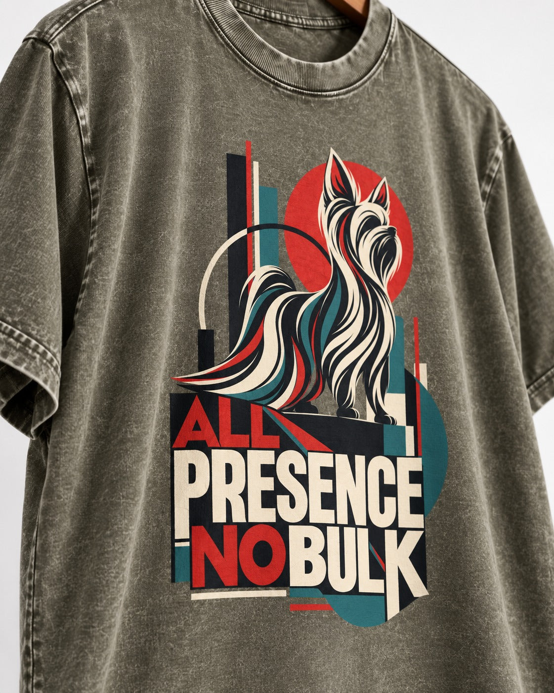 Yorkshire Terrier All Presence No Bulk Geometric Portrait Graphic Washed Tee in Army Green, close-up of the graphic