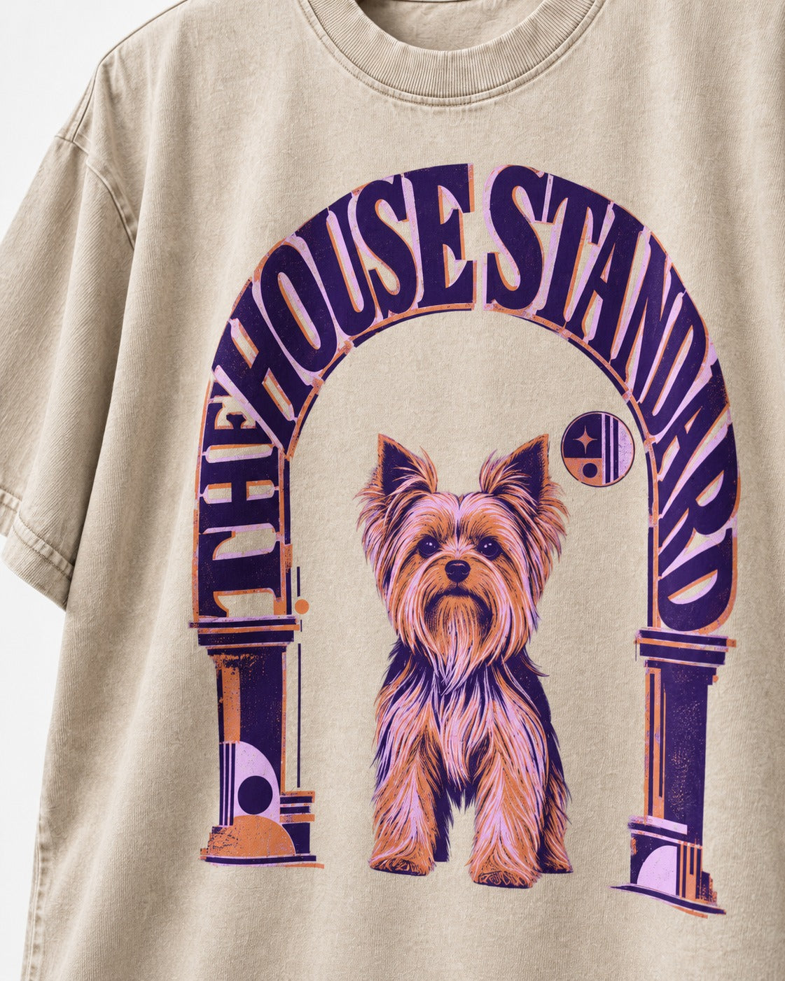 The Yorkshire Terrier House Standard Washed Tee in Apricot, close-up of the graphic