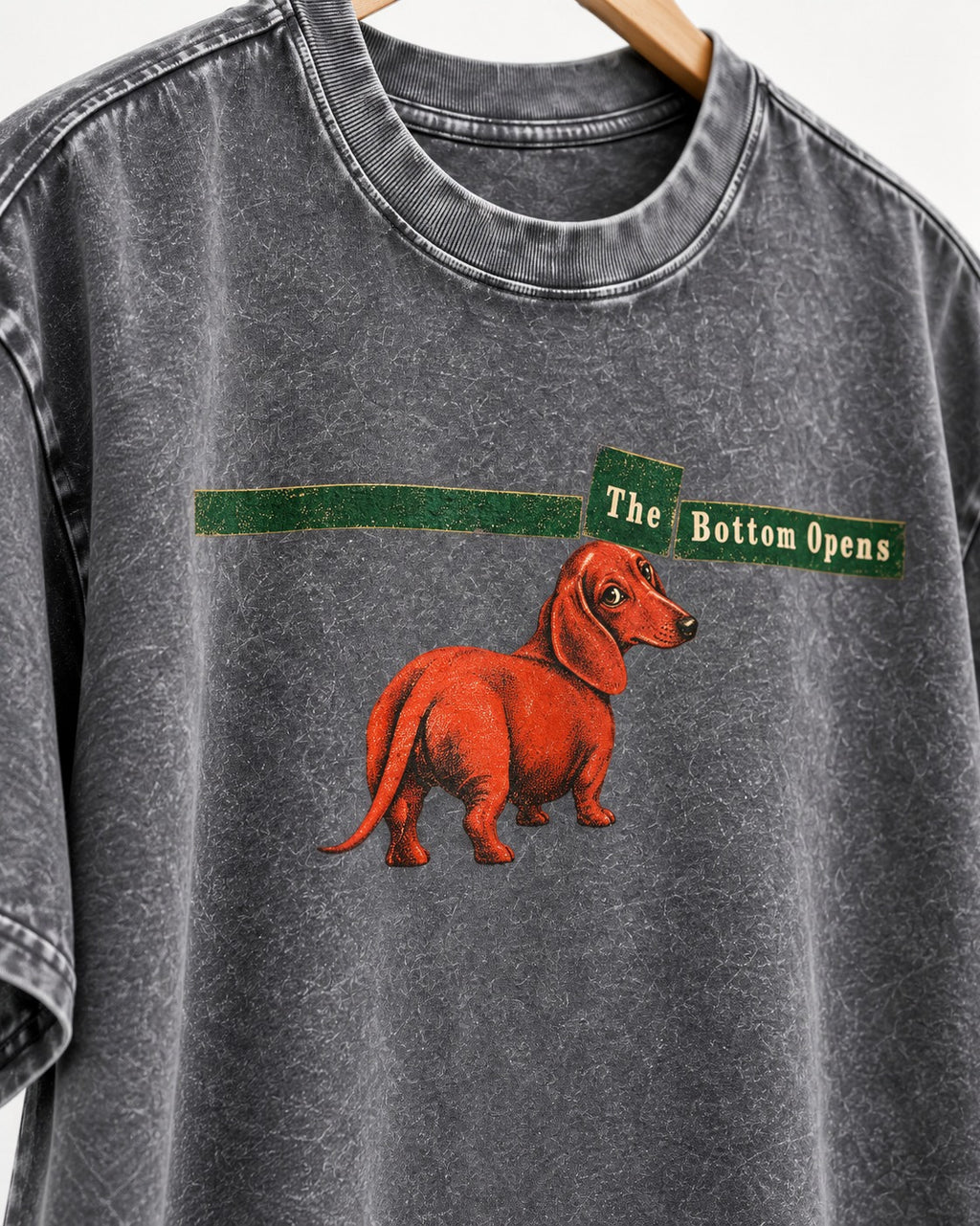 Dachshund The Bottom Opens Signpost Graphic Washed Tee in Gray, close-up of the graphic