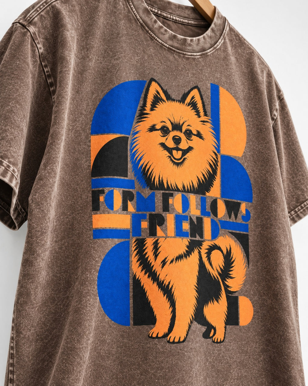 Form Follows Pomeranian Friend Washed Tee in Coffee, close-up of the graphic