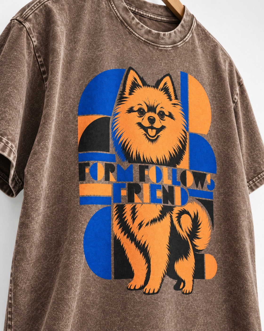 Form Follows Pomeranian Friend Washed Tee in Coffee, close-up of the graphic