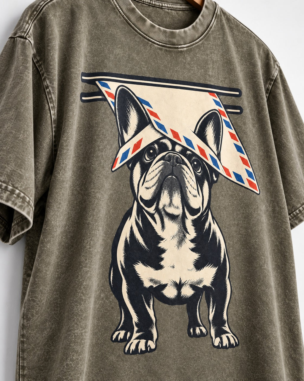Frenchie Mail Slot Intercept Graphic Washed Tee in Army Green, close-up of the graphic