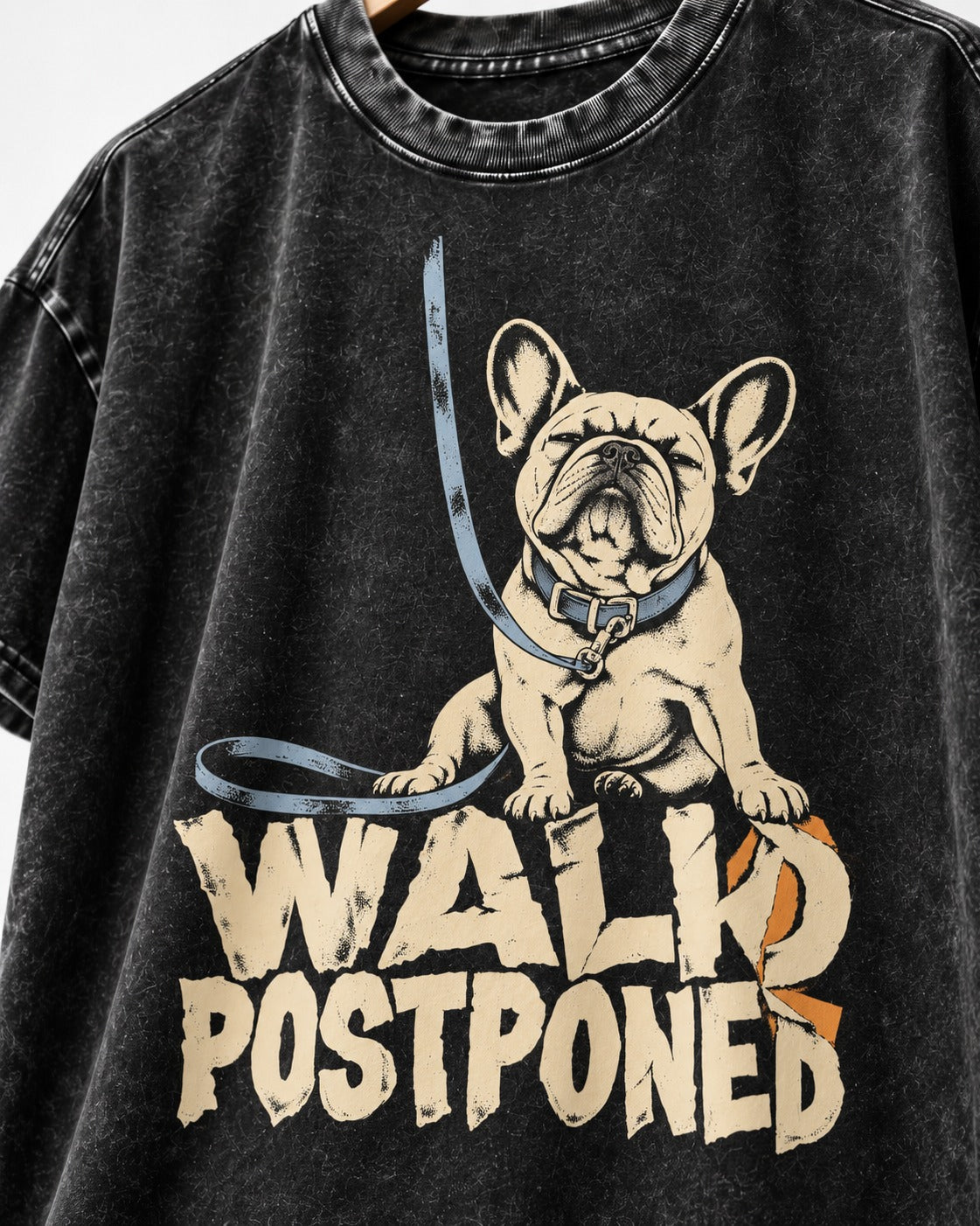 Frenchie Walk Postponed Leash Graphic Washed Tee in Black, close-up of the graphic