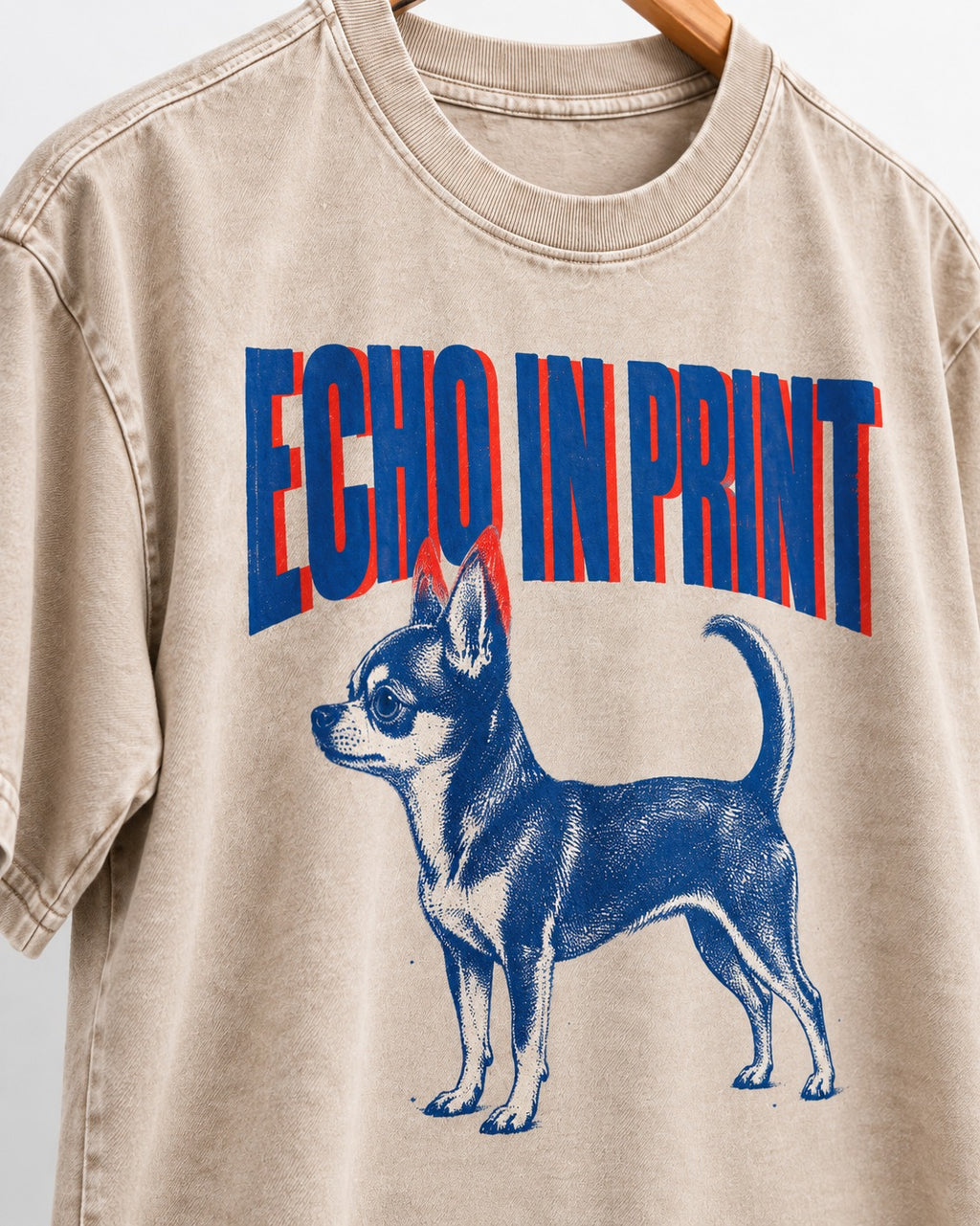 Chihuahua Echo Washed Tee in Apricot, close-up of the graphic