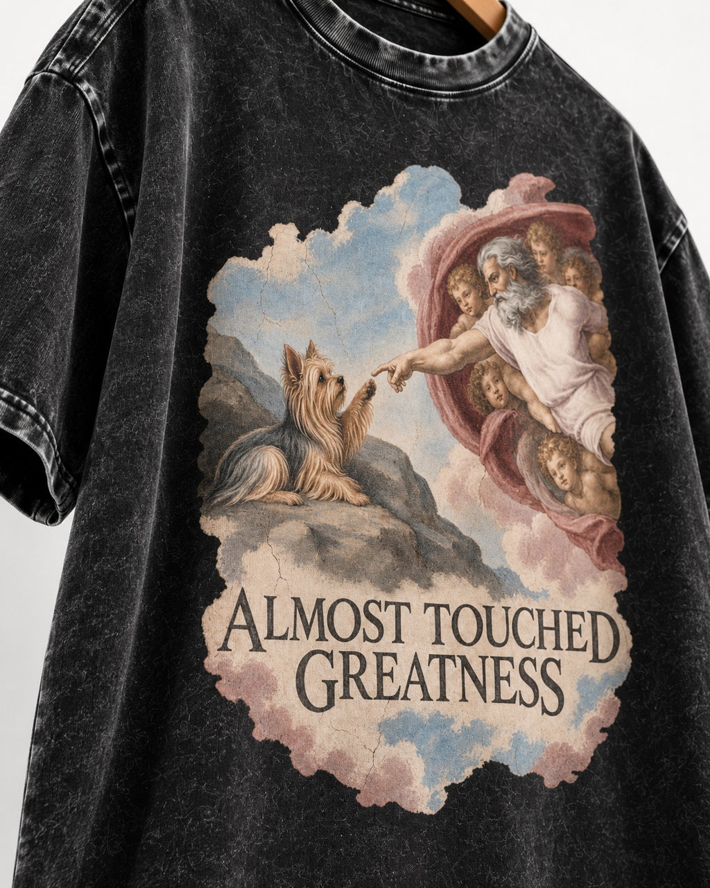 Yorkshire Terrier Almost Touched Greatness Creation Parody Graphic Washed Tee in Black, close-up of the graphic