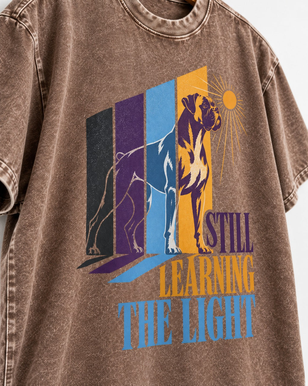 Still Learning the Light Boxer Doorway Progression Graphic Washed Tee in Coffee, close-up of the graphic