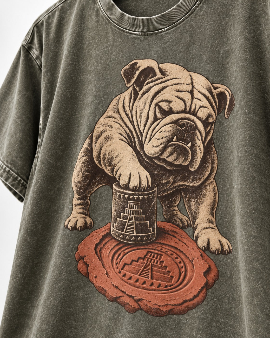 English Bulldog Ancient Cylinder Seal Graphic Washed Tee in Army Green, close-up of the graphic