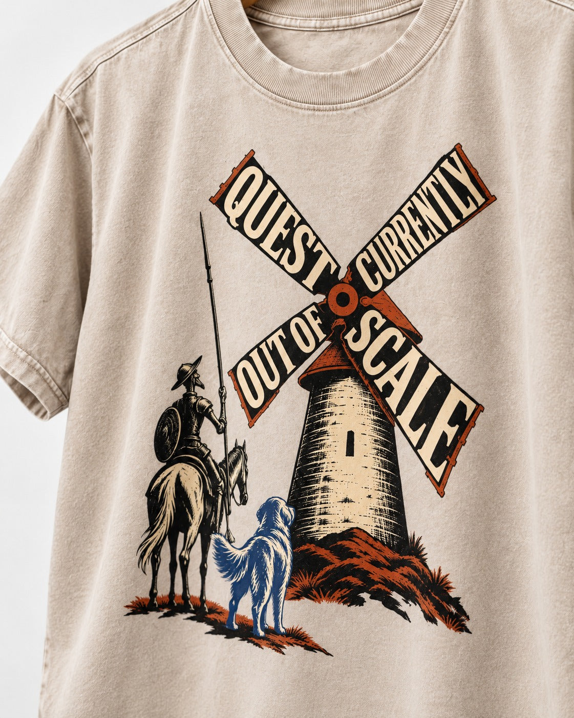 Golden Retriever Quest Out of Scale Washed Tee in Apricot, close-up of the graphic