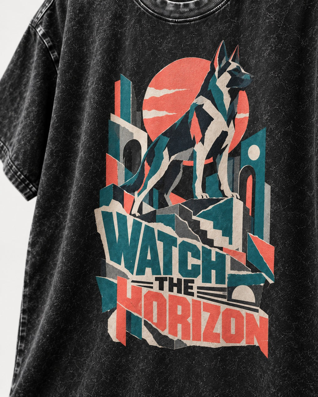 Watch The Horizon Cut Paper Cityscape German Shepherd Dog Graphic Washed Tee in Black, close-up of the graphic
