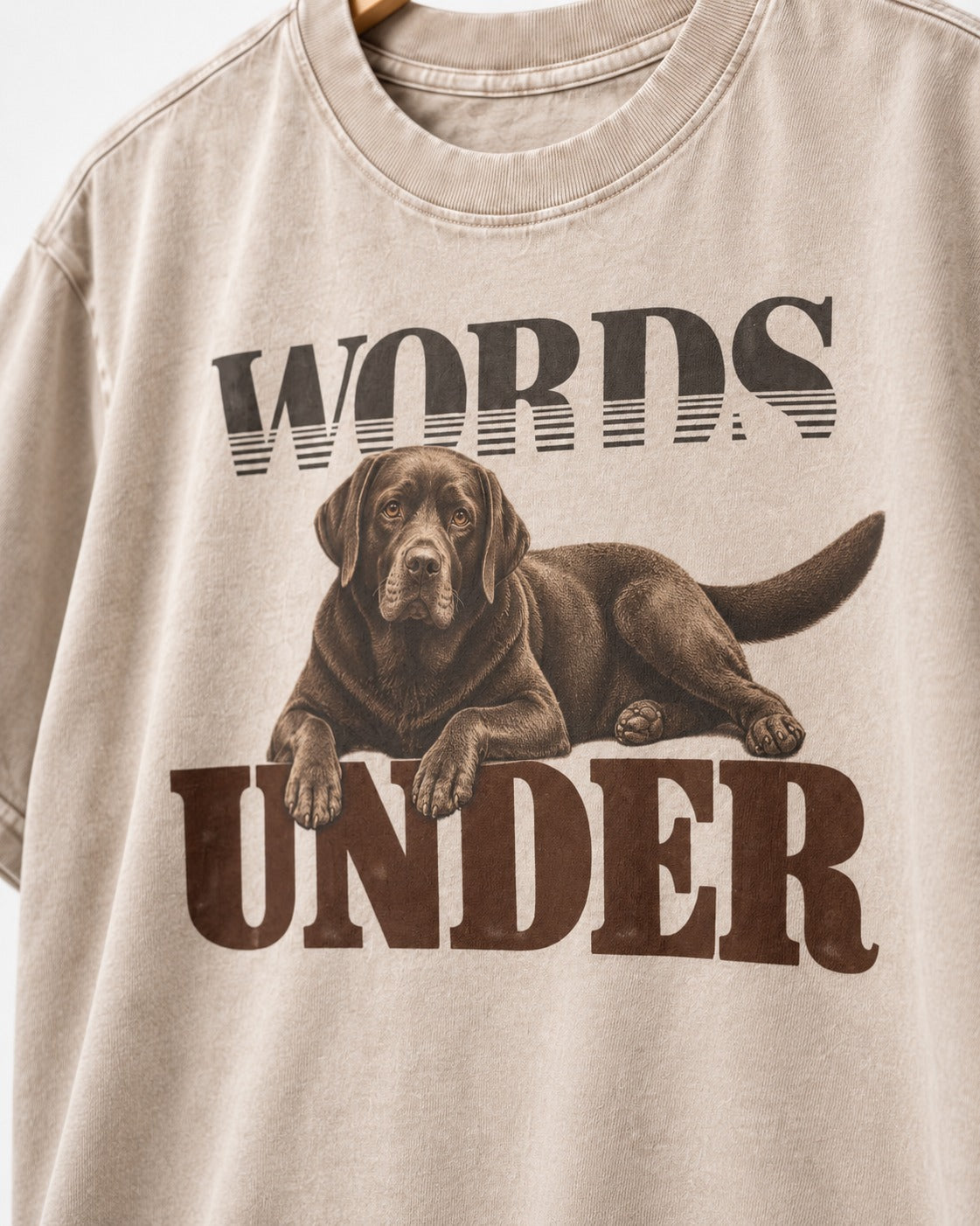 Words Under Labrador Retriever Washed Tee in Apricot, close-up of the graphic