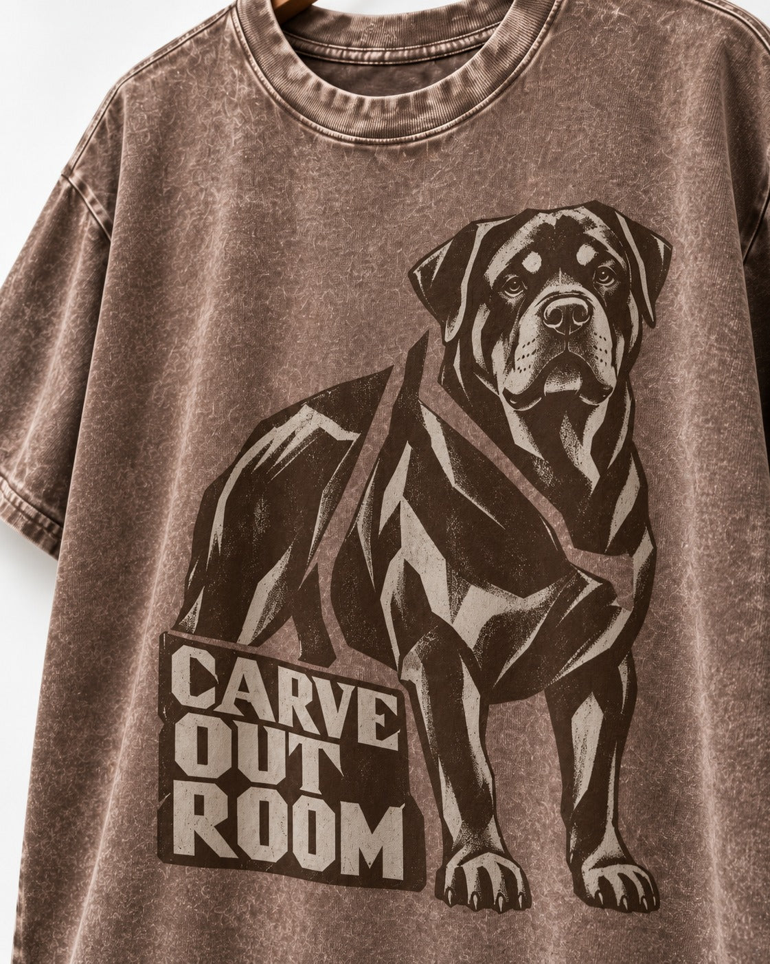 Carve Out Room for Rottweiler Washed Tee in Coffee, close-up of the graphic