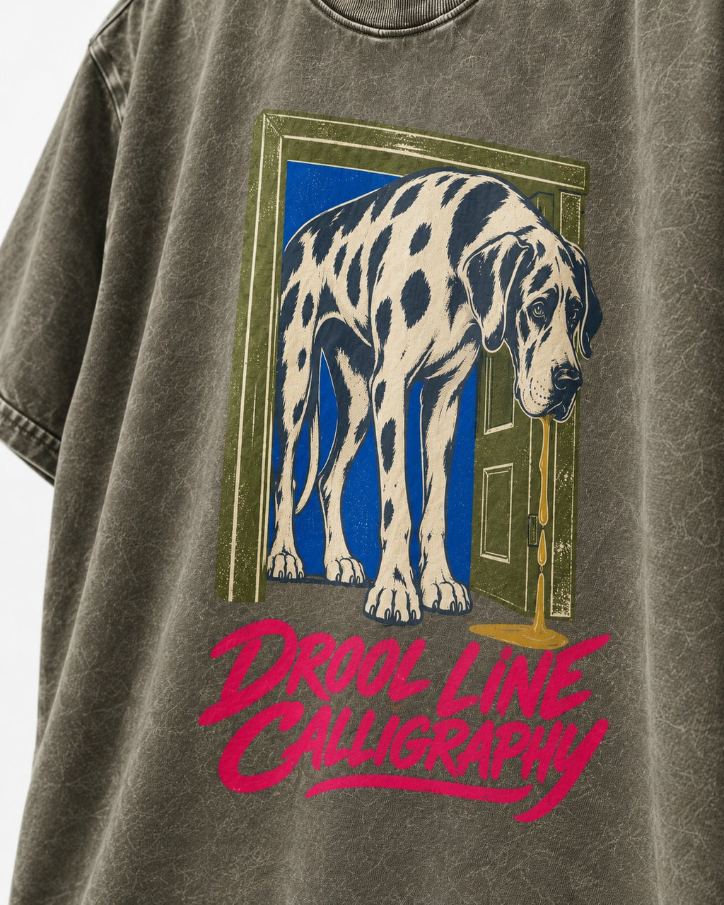Great Dane Drool Line Calligraphy Doorway Graphic Washed Tee in Army Green, close-up of the graphic