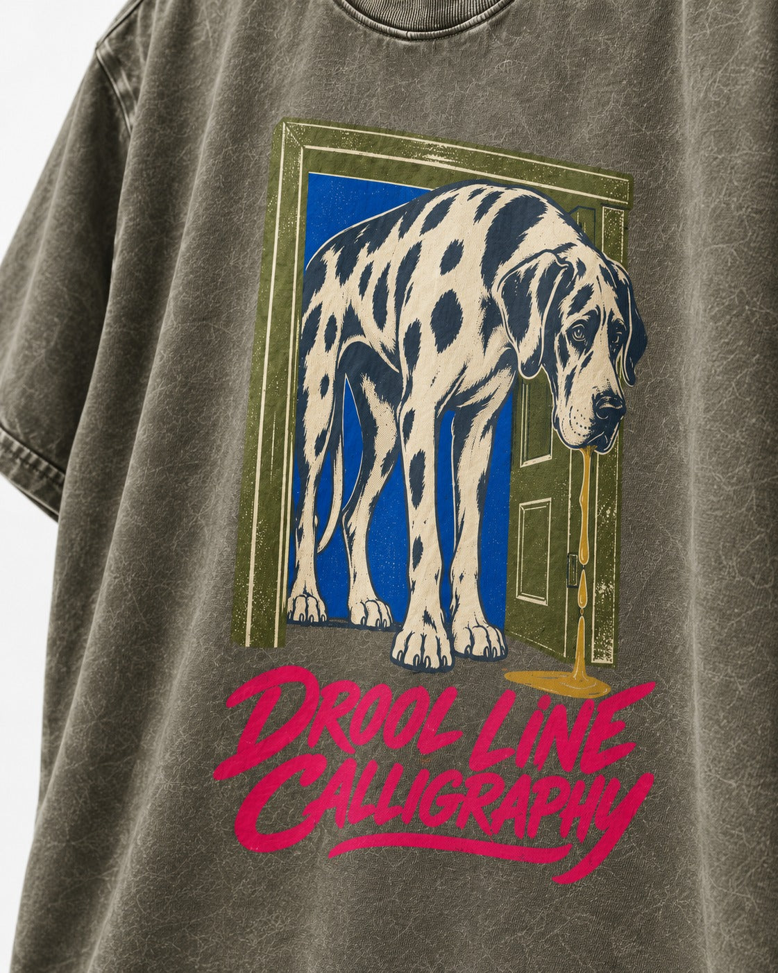 Great Dane Drool Line Calligraphy Doorway Graphic Washed Tee in Army Green, close-up of the graphic