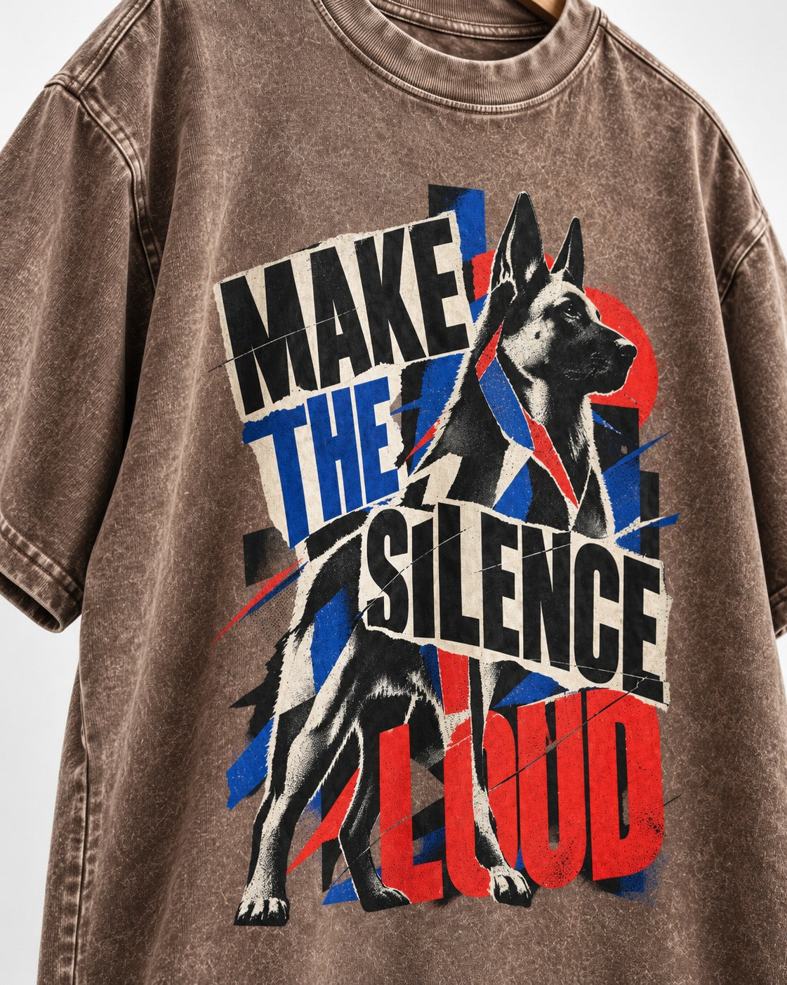 German Shepherd Dog Make the Silence Loud Washed Tee in Coffee, close-up of the graphic