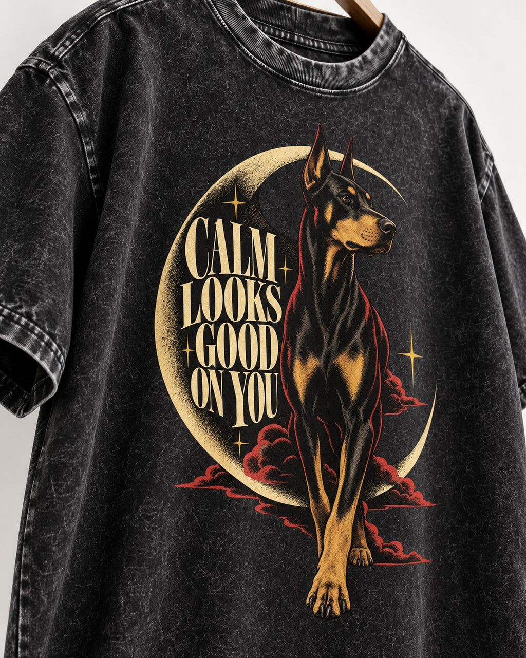 Doberman Calm Looks Good on You Crescent Graphic Washed Tee in Black, close-up of the graphic