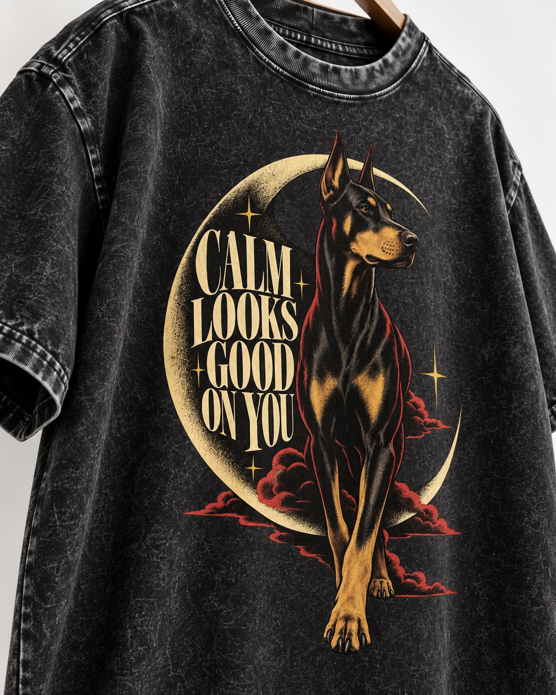 Doberman Calm Looks Good on You Crescent Graphic Washed Tee in Black, close-up of the graphic