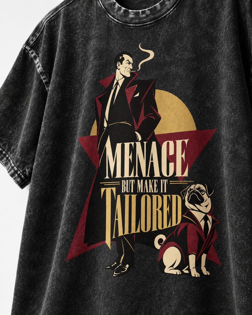 Pug Menace But Make It Tailored Graphic Washed Tee in Black, close-up of the graphic
