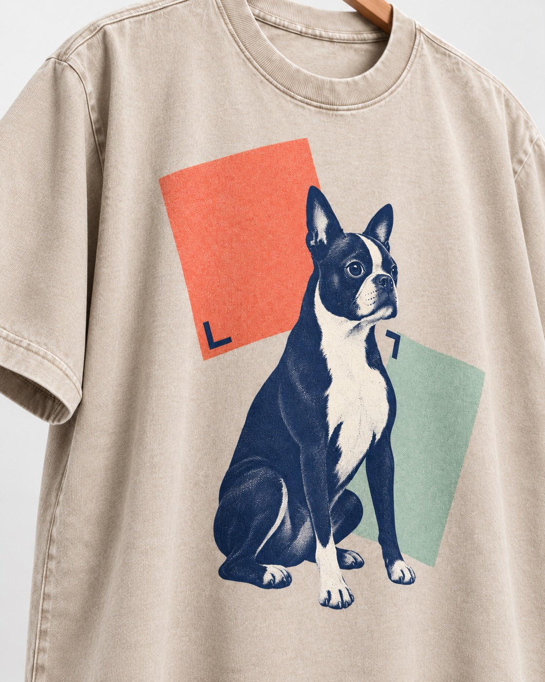 Boston Terrier Retro Geometric Portrait Washed Tee in Apricot, close-up of the graphic