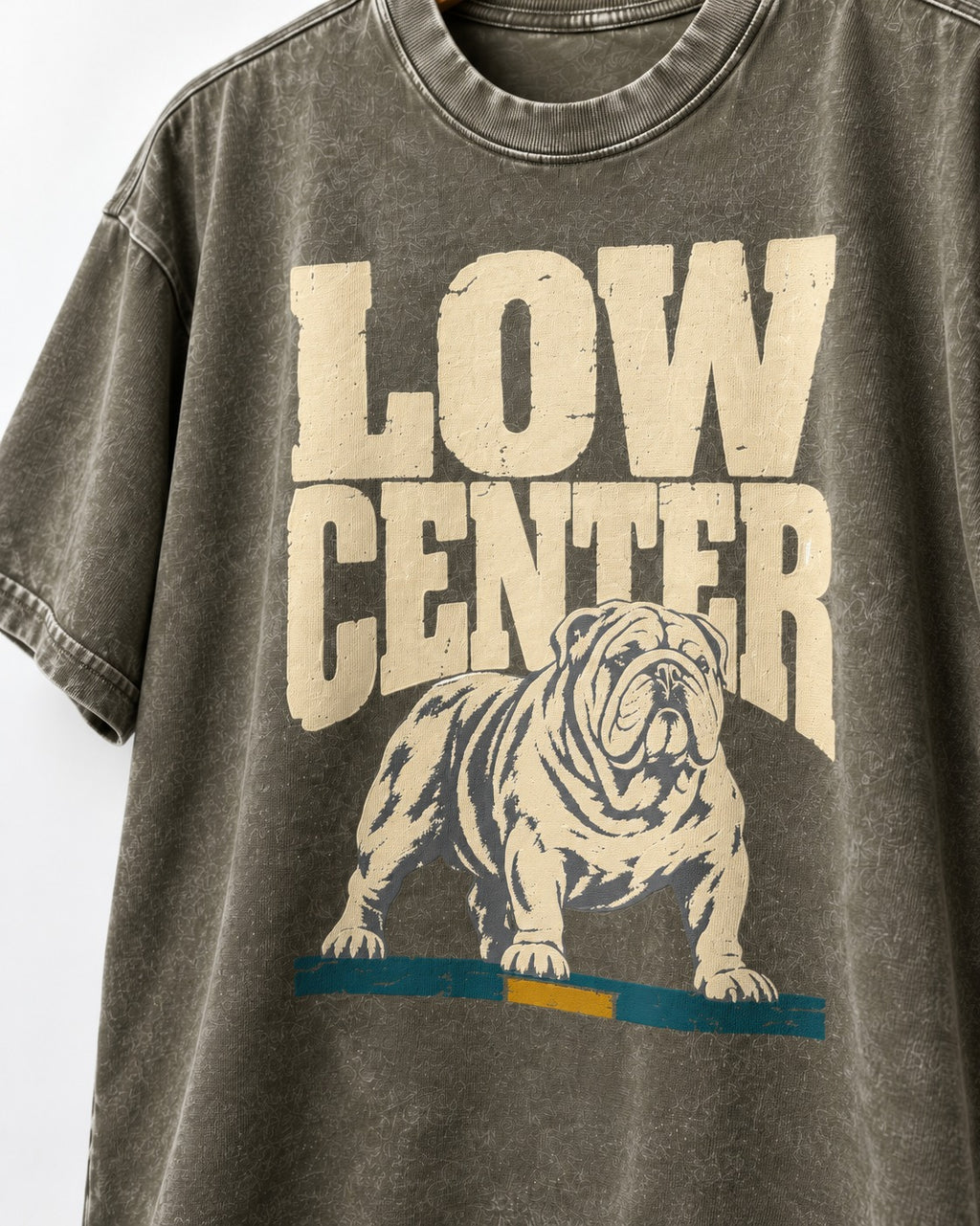 English Bulldog Low Center Stance Graphic Washed Tee in Army Green, close-up of the graphic