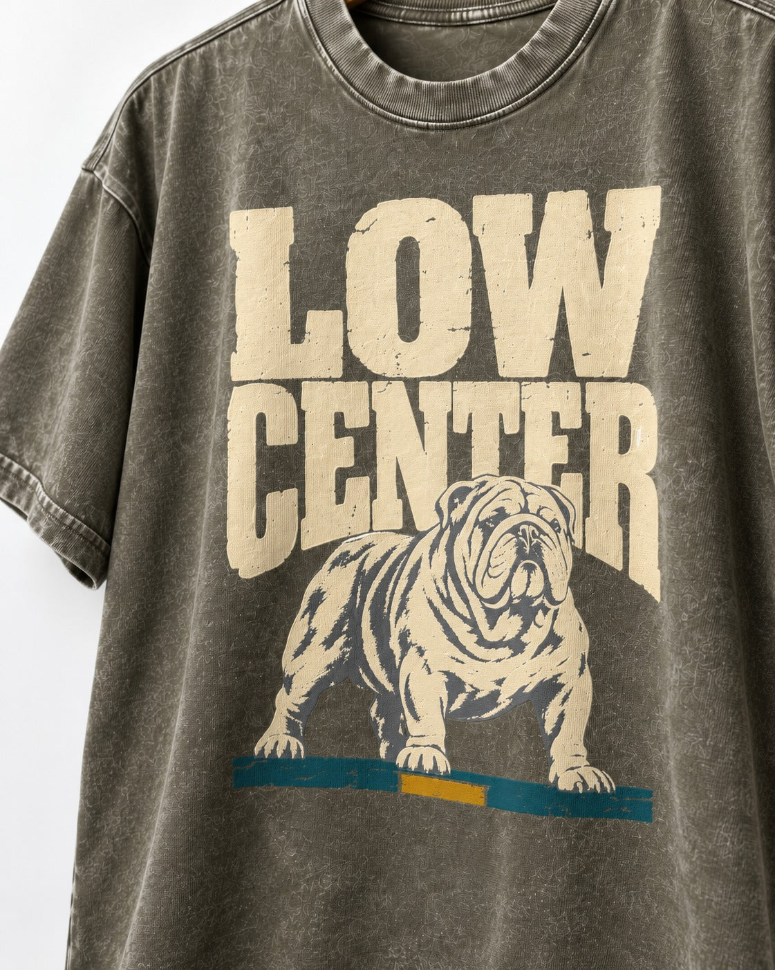 English Bulldog Low Center Stance Graphic Washed Tee in Army Green, close-up of the graphic