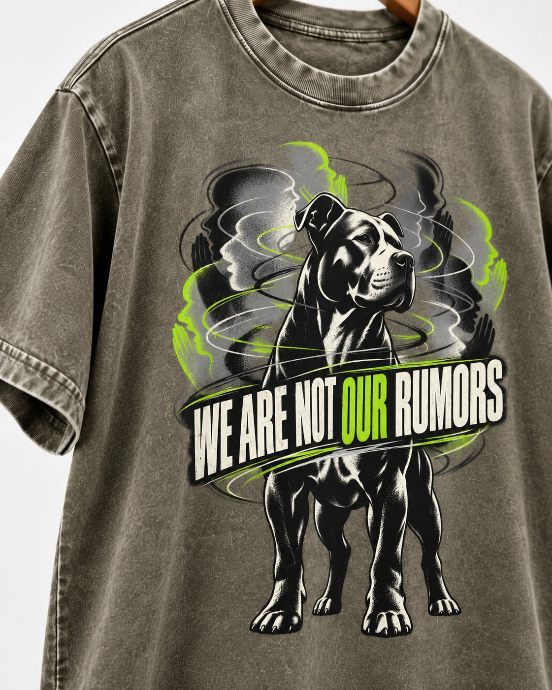 Pitbull We Are Not Our Rumors Swirling Voices Graphic Washed Tee in Army Green, close-up of the graphic