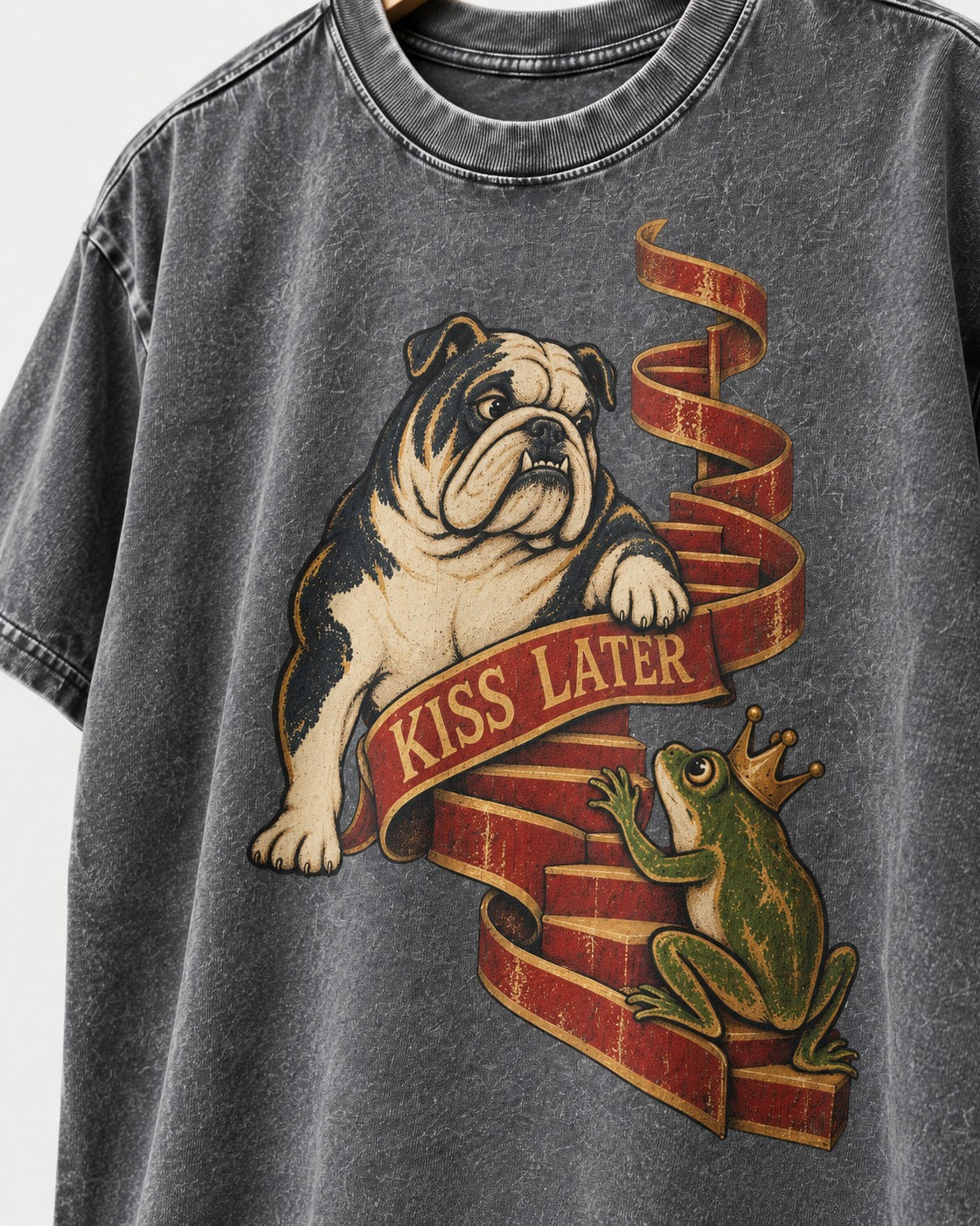 English Bulldog Kiss Later Frog Prince Graphic Washed Tee in Gray, close-up of the graphic