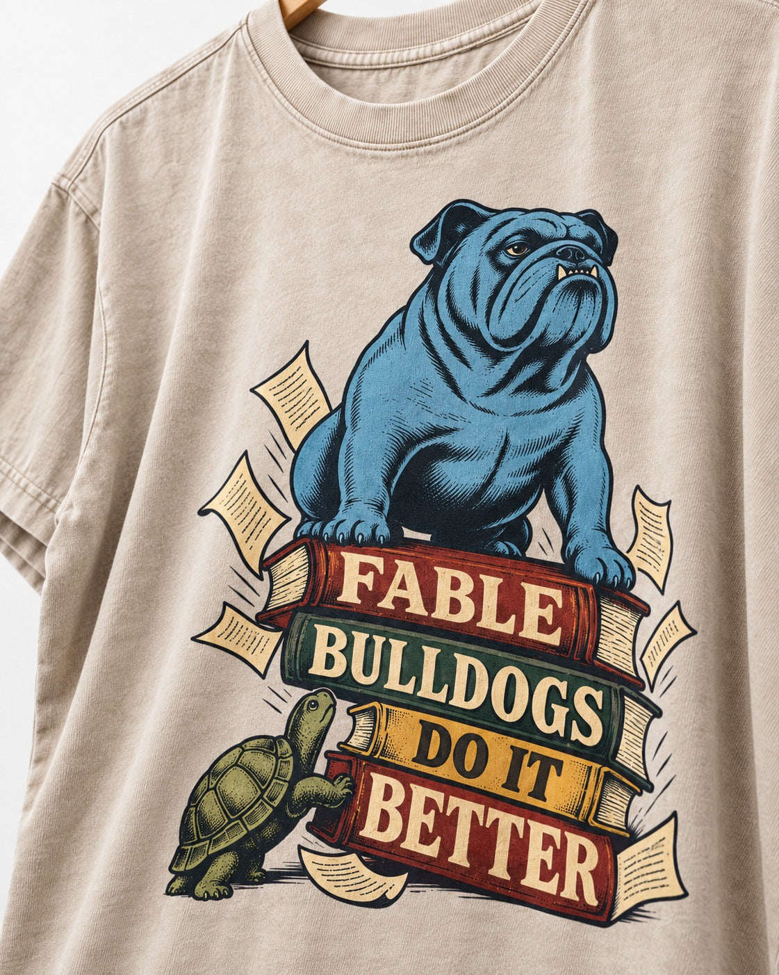 English Bulldog Does It Better Washed Tee in Apricot, close-up of the graphic