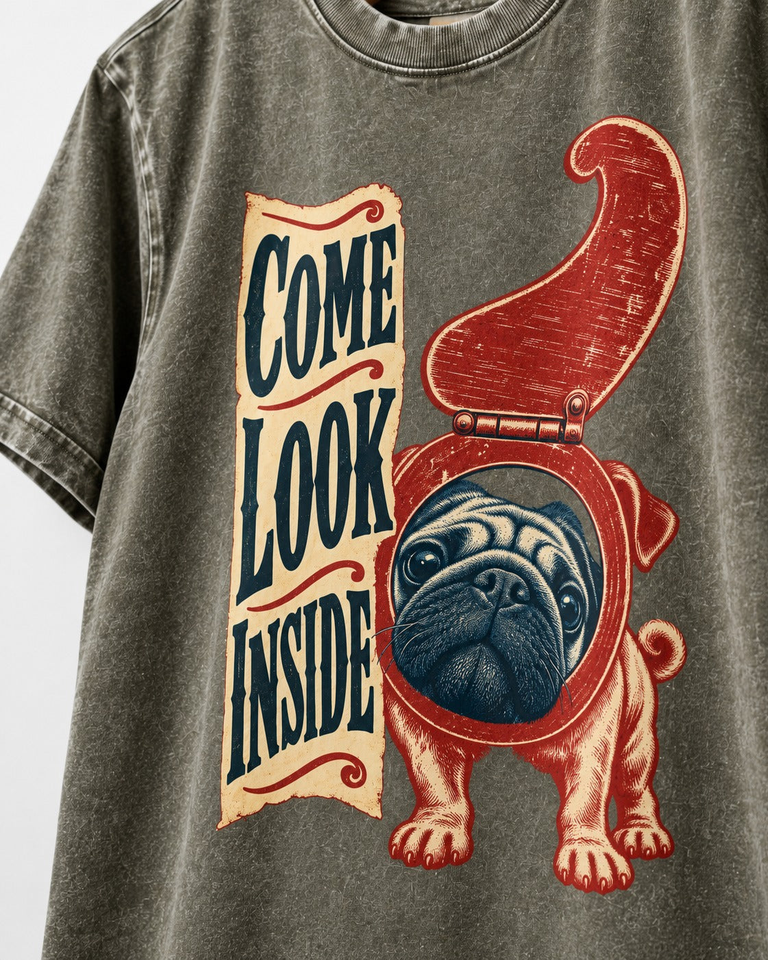 Pug Come Look Inside Toilet Seat Graphic Washed Tee in Army Green, close-up of the graphic