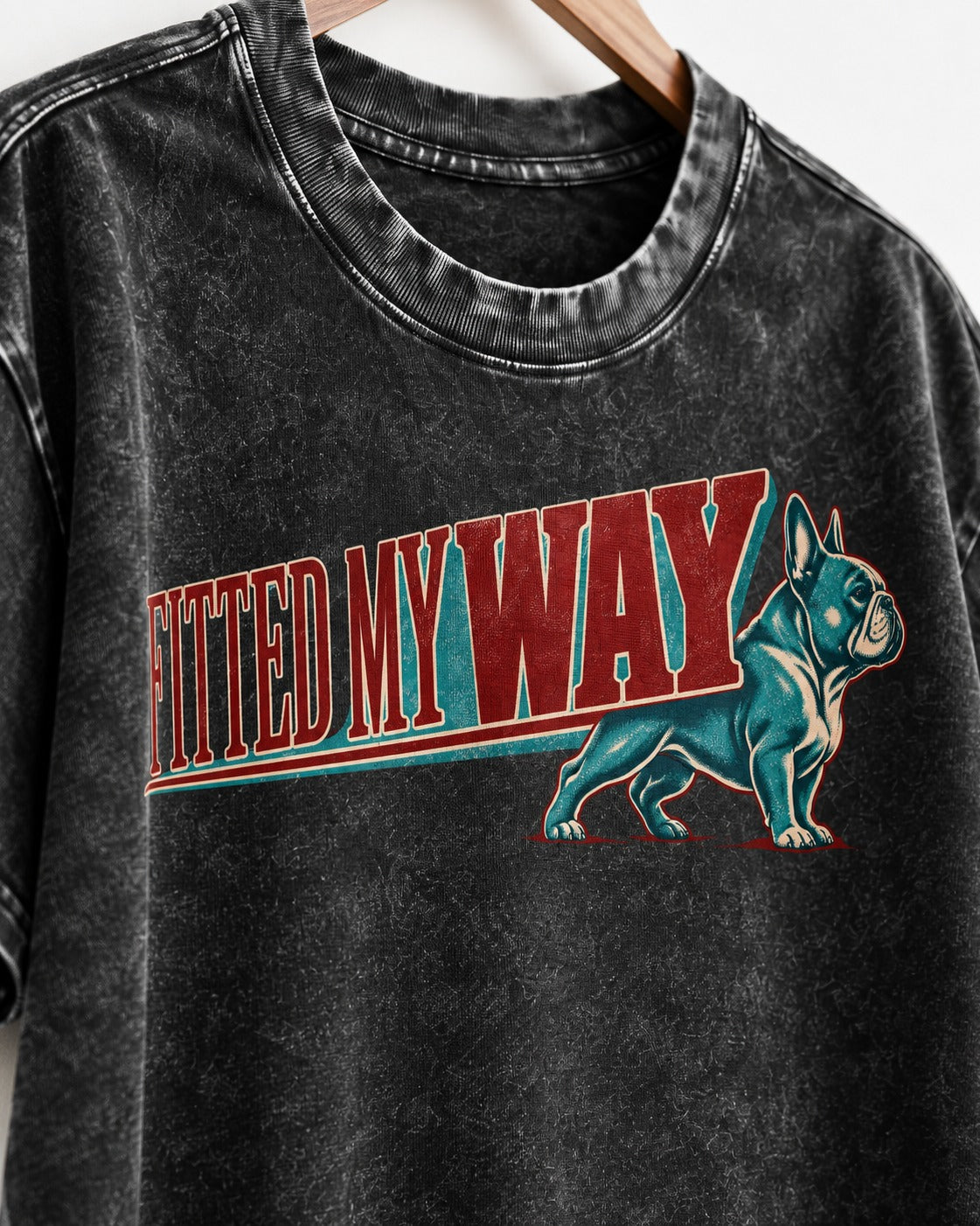 Frenchie Fitted My Way Collegiate Graphic Washed Tee in Black, close-up of the graphic