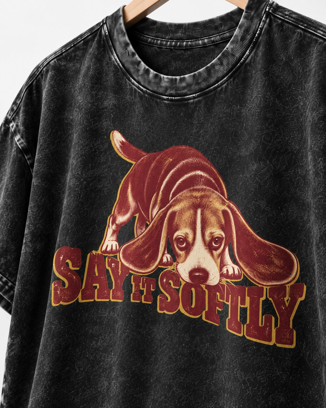 Beagle Say It Softly Washed Tee in Black, close-up of the graphic
