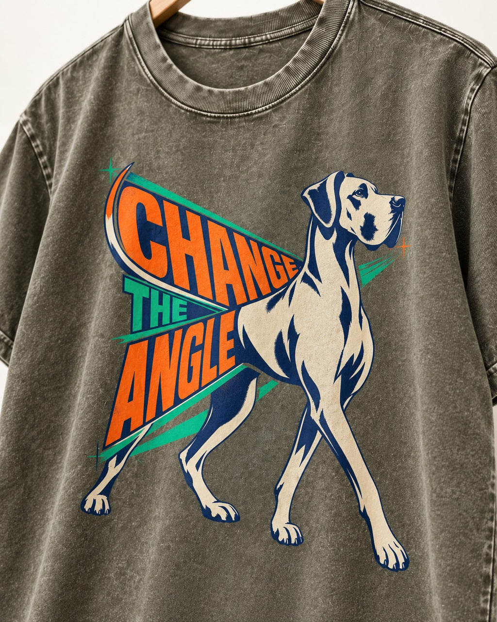Great Dane Change the Angle Walking Graphic Washed Tee in Army Green, close-up of the graphic