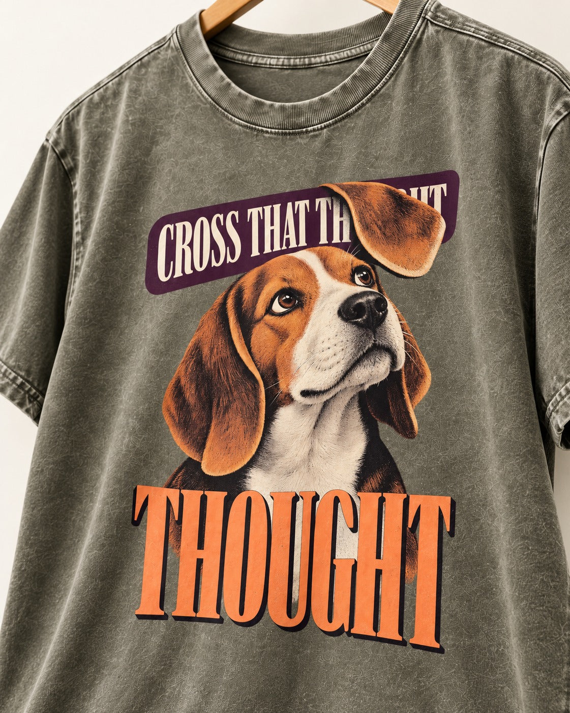 Cross That Beagle Thought Washed Tee in Army Green, close-up of the graphic