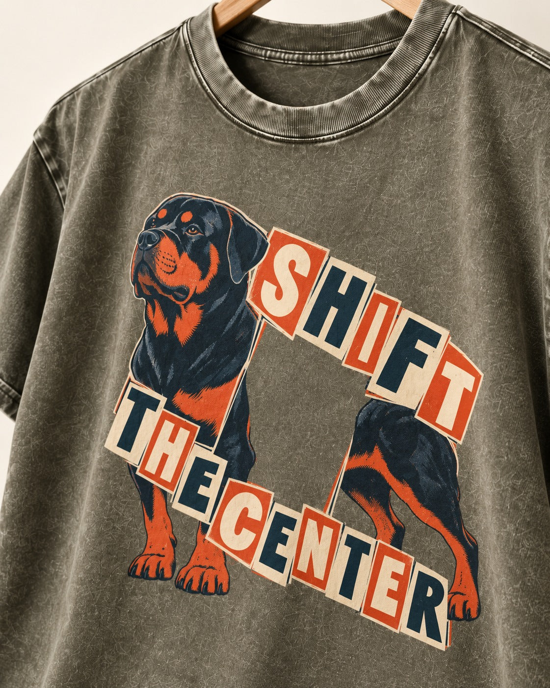 Rottweiler Shift the Center Cutout Letter Graphic Washed Tee in Army Green, close-up of the graphic