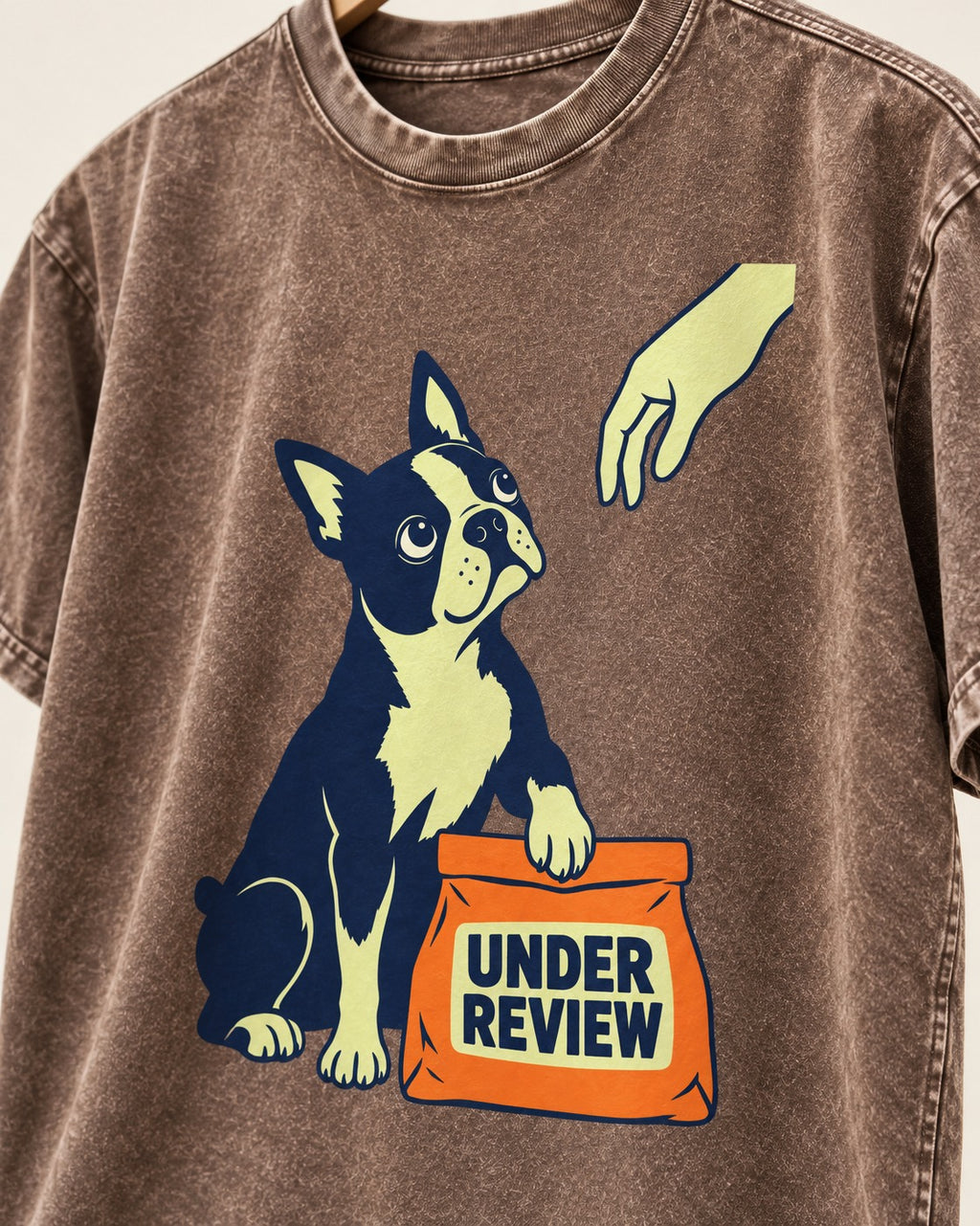 Boston Terrier Under Review Washed Tee in Coffee, close-up of the graphic