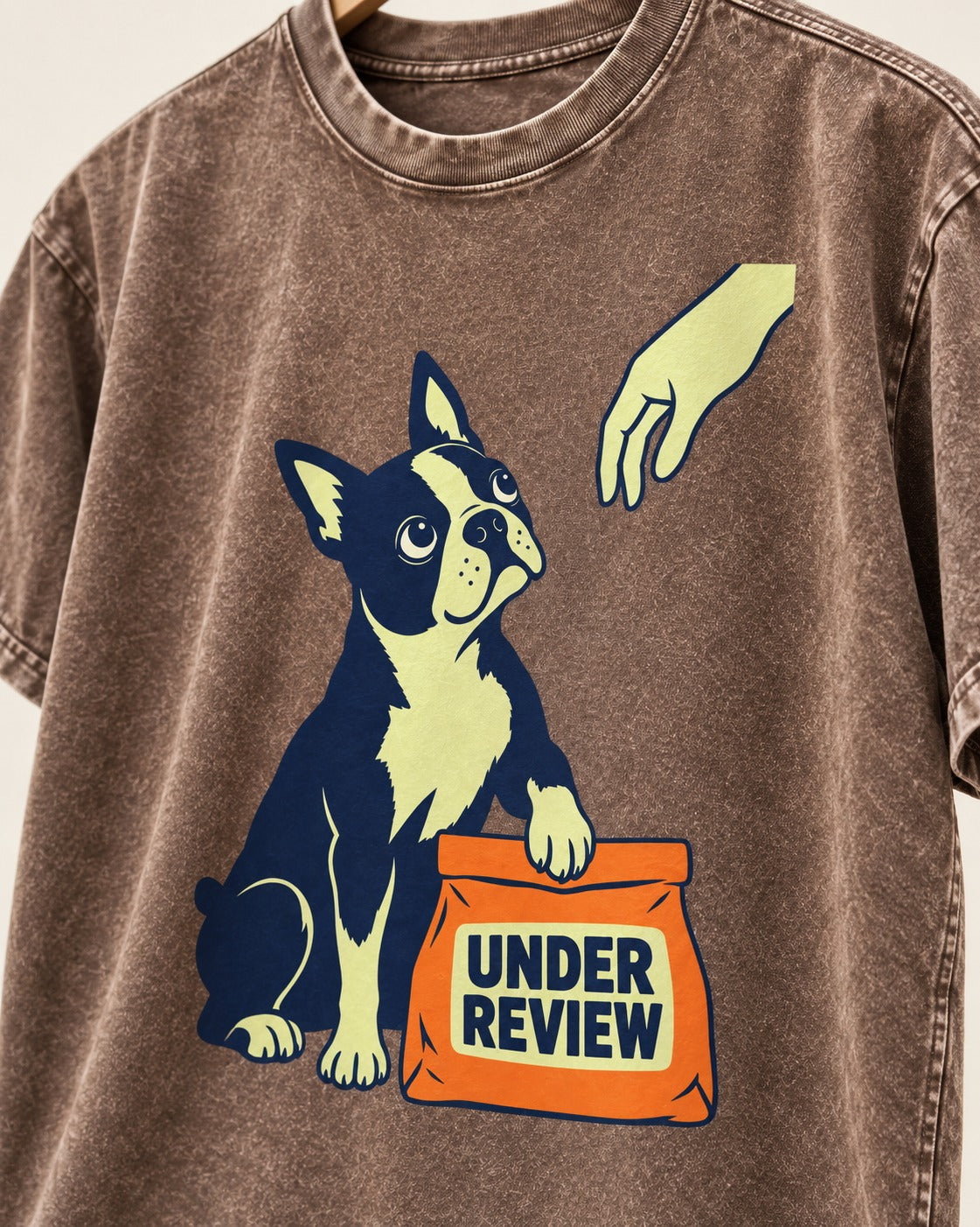 Boston Terrier Under Review Washed Tee in Coffee, close-up of the graphic