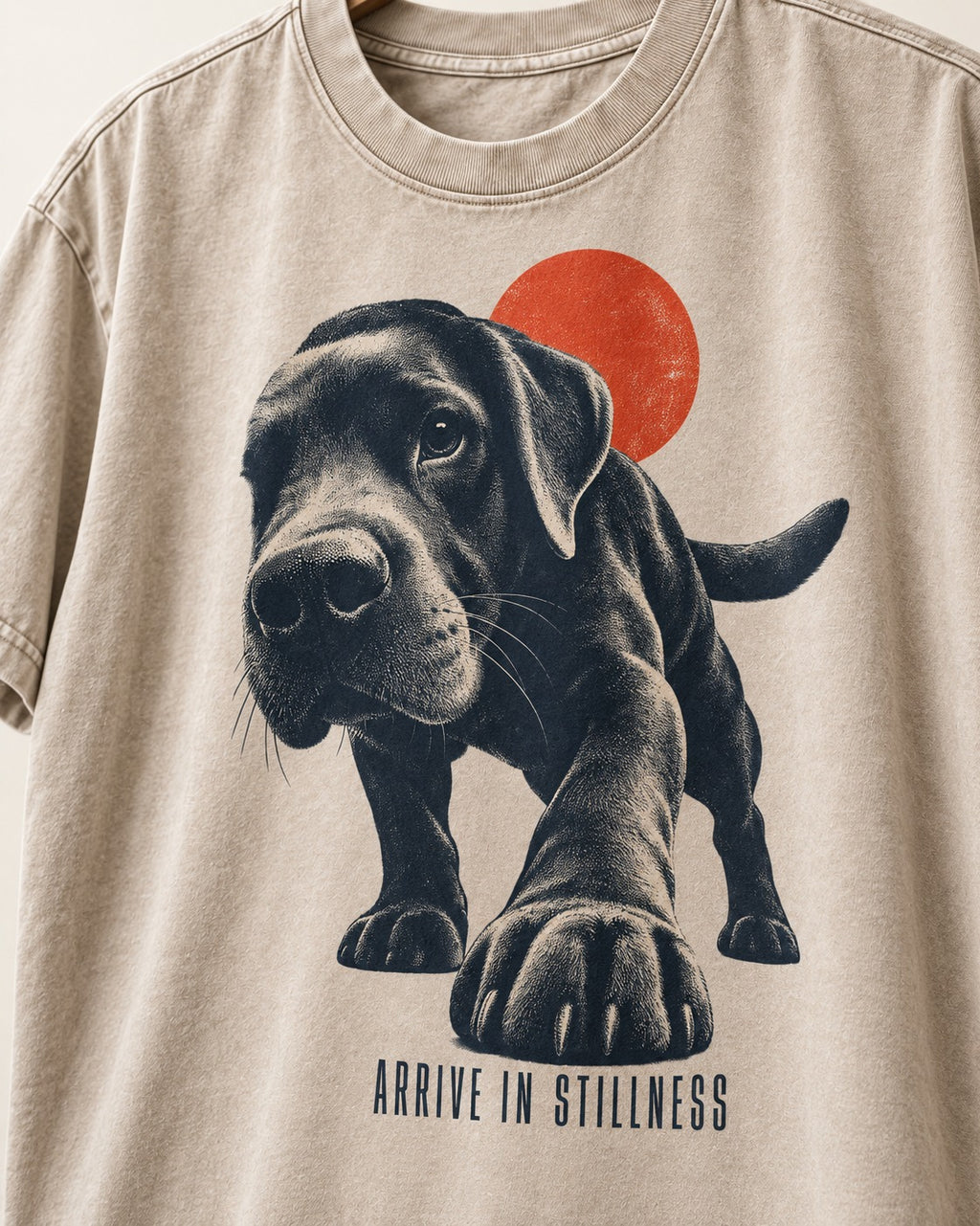 Labrador Retriever Arrive in Stillness Washed Tee in Apricot, close-up of the graphic