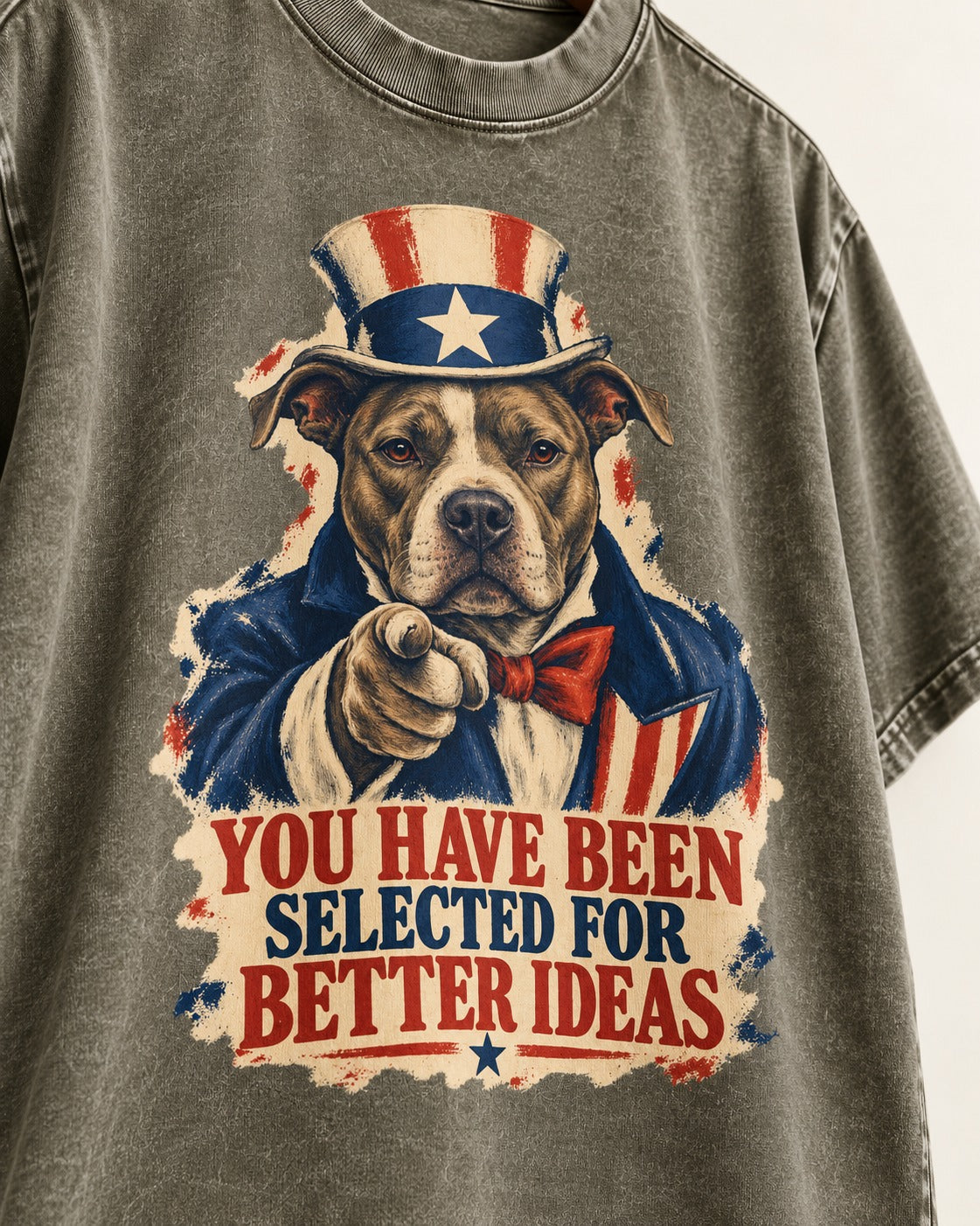 Pitbull You Have Been Selected for Better Ideas Uncle Sam Graphic Washed Tee in Army Green, close-up of the graphic