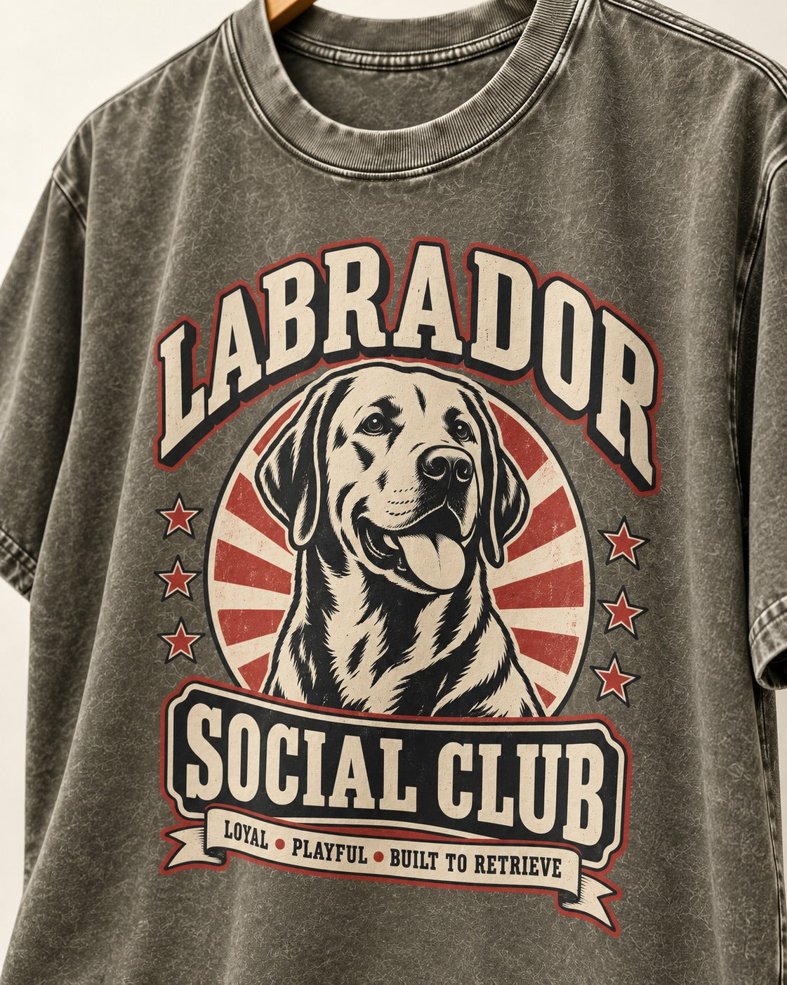 Labrador Retriever Social Club Loyal Playful Built to Retrieve Badge Graphic Washed Tee in Army Green, close-up of the graphic