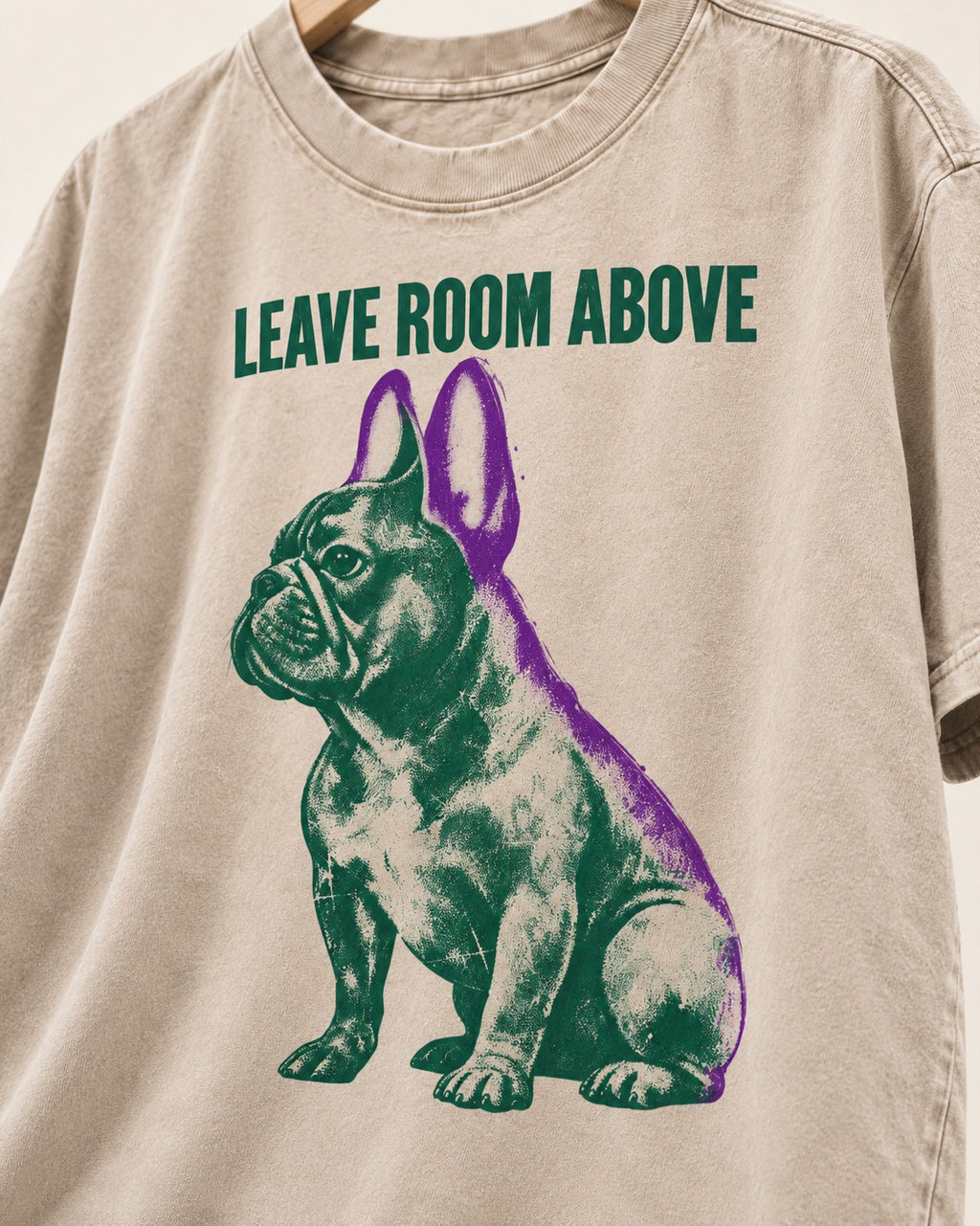 Leave Room Above Frenchie Washed Tee in Apricot, close-up of the graphic