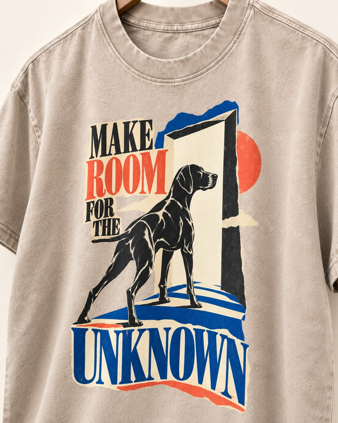 German Shorthaired Pointer Room for the Unknown Washed Tee in Apricot, close-up of the graphic