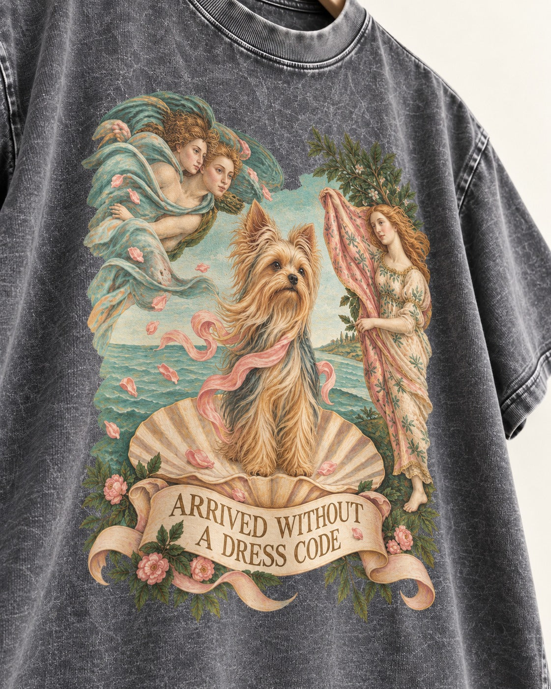 Yorkshire Terrier Arrived Without a Dress Code Venus Graphic Washed Tee in Gray, close-up of the graphic
