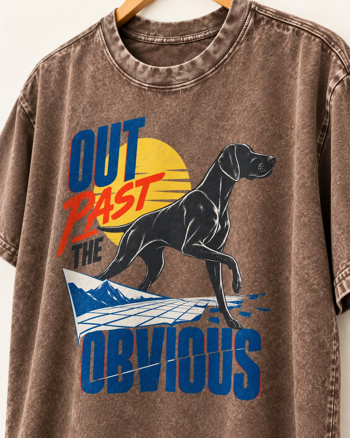 Out Past the Obvious German Shorthaired Pointer Washed Tee in Coffee, close-up of the graphic